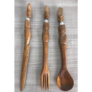 Vintage Ubangi Figures African Wooden Utensils MASAI Kenya Safai Ware Set Of 3